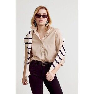THE SHIRT by Rochelle Behrens | Taupe Stretch Cotton button Down Icon Shirt 2XL